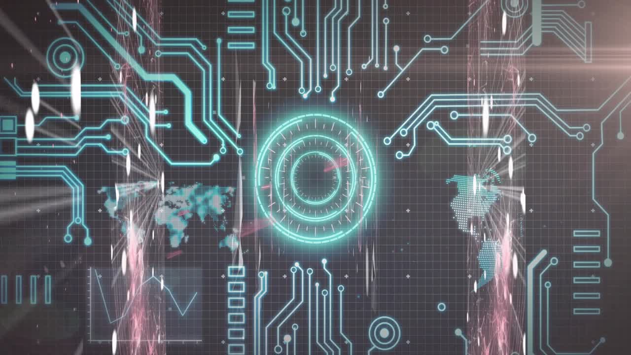 Upon loading central hub rotating pink streams pulsing, circuit lines branching, world maps forming
