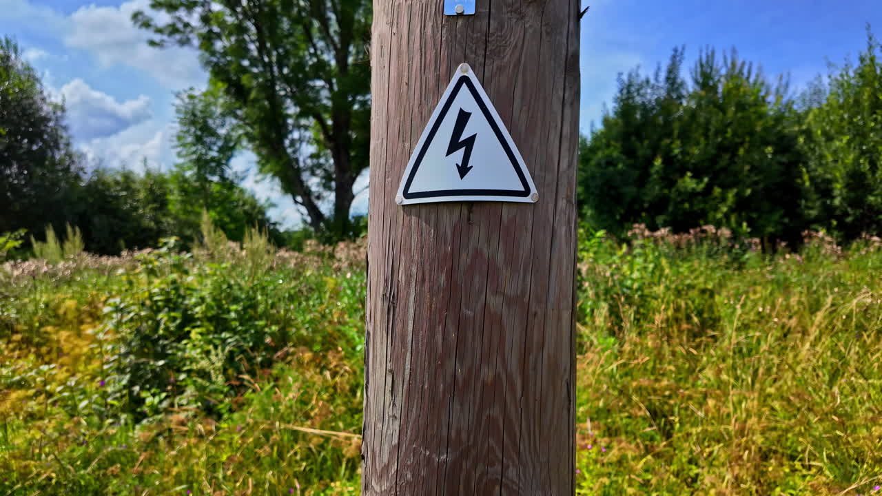 Triangle plaque depicting a lightning bolt icon on a white background to mark high voltage electricity poles