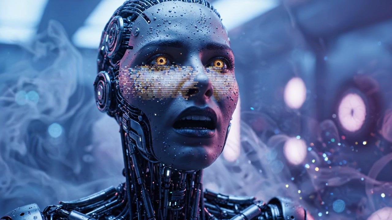 Un'androide femminile futuristica mostra emozioni, illuminata da luci al neon, mettendo in mostra dettagli intricati con occhi luminosi su uno sfondo di fumo vorticoso e tecnologia.