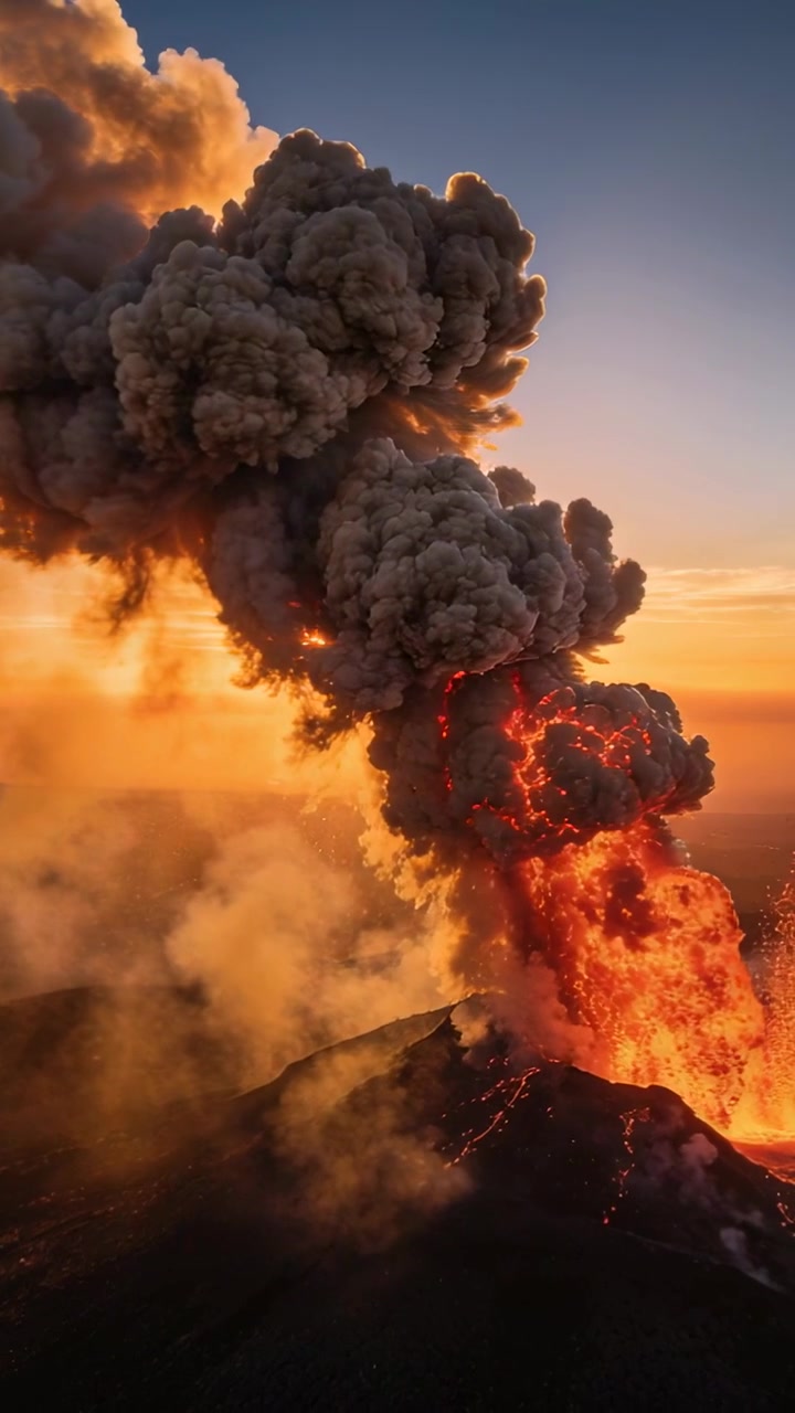Video verticale: sfiato eruttivo che emette una colonna di cenere spinta dal magma e lava che zampilla al tramonto, braci.