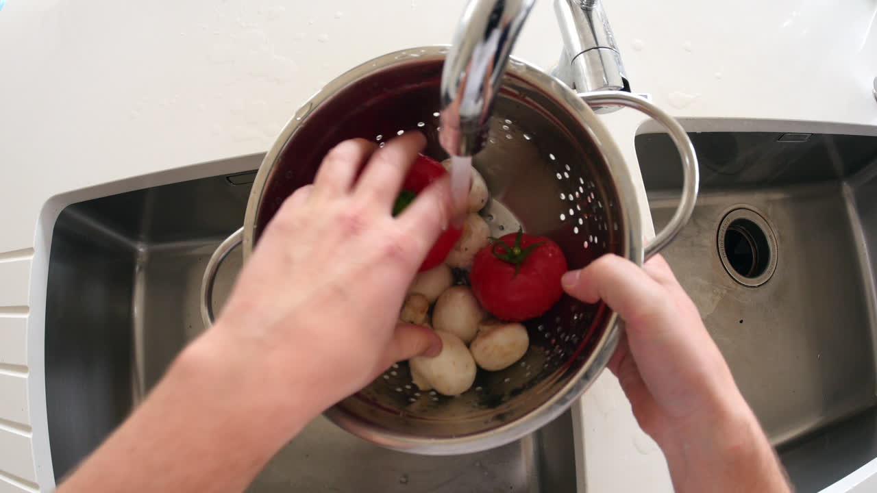 Point of view of man washing vegetables in a colander