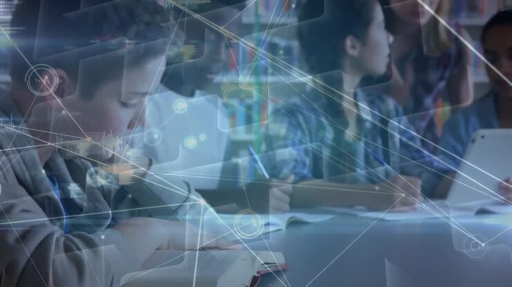 Animation of network of connections over diverse students in the classroom with the teacher