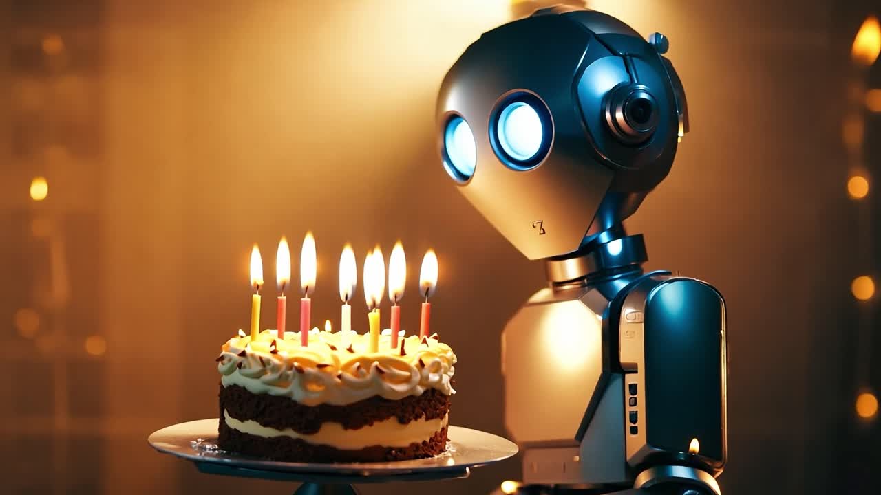 robot sosteniendo pastel de cumpleaños con velas