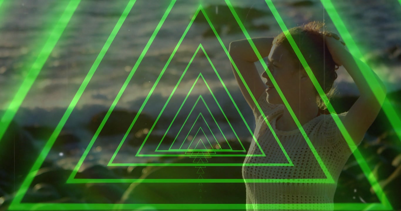 Vertical video: Woman raising hands fixing hair shore causing neon triangle overlay shifting for UX