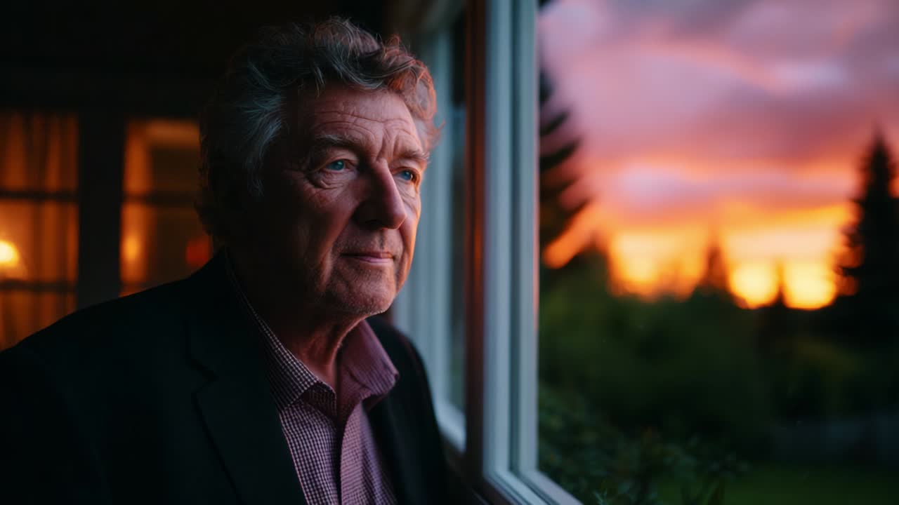 Uomo pensieroso che guarda il tramonto fuori dalla finestra: un momento di riflessione e serenità catturato in due inquadrature, che mostra la bellezza della natura e la profondità delle emozioni umane attraverso un ritratto intimo