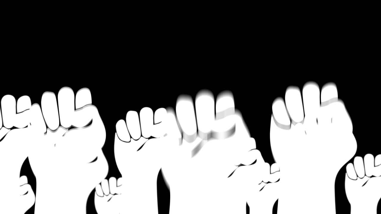 黒い背景にさまざまな肌の色の拳が空中に上げられ、団結を象徴しています