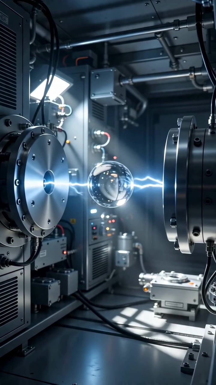 Chronological action summary across clip: sequence begins with glass sphere suspended mid-chamber and faint plasma initiating between two heavy flanged metal