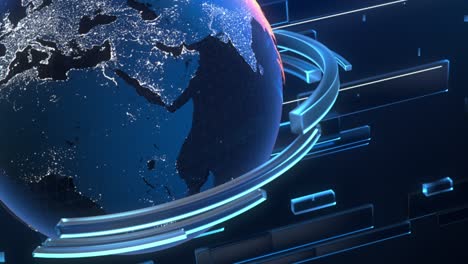 digital spinning globe animation for use in playback videos, news reports, loading screens. 3d planet earth revolving with conceptual abstract lines spinning around and in the background.