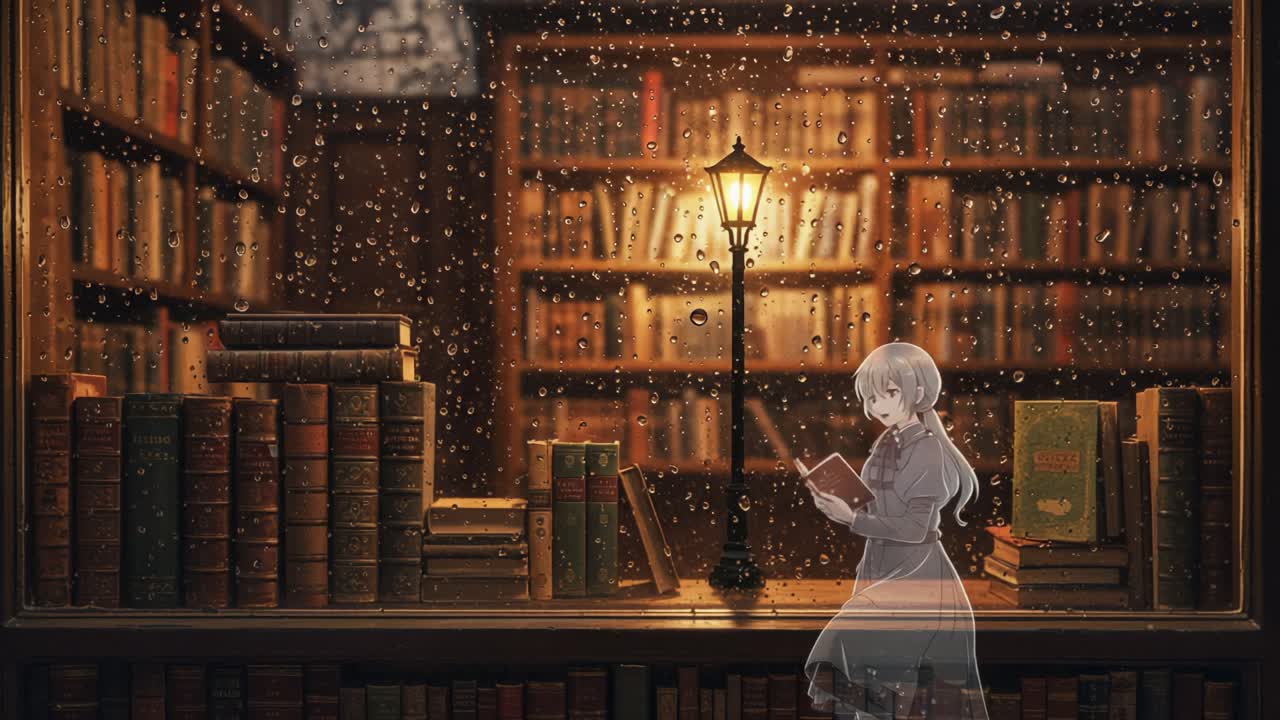 A serene scene of a solitary figure reading a book in a cozy library, enhanced by the ambiance of rain and warm lamp light illuminating the countless books around her