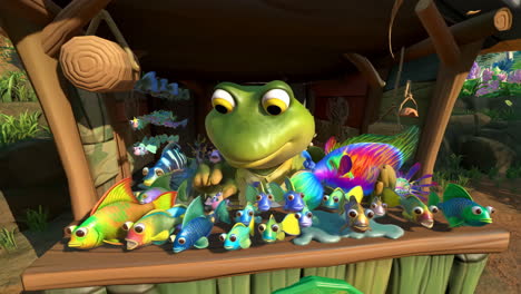 a cheerful animated frog character surrounded by a group of colorful, friendly fish