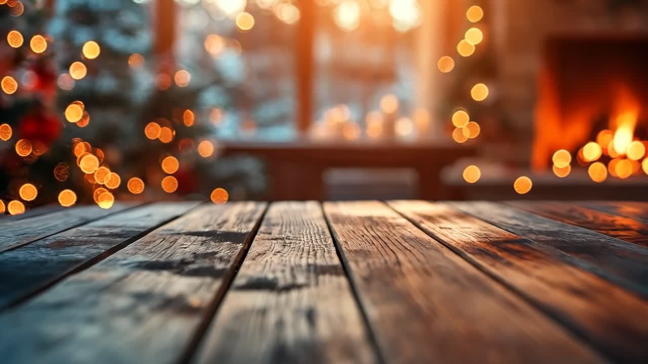 A wooden table with a Christmas tree in the background. The table is surrounded by a warm glow from the fireplace