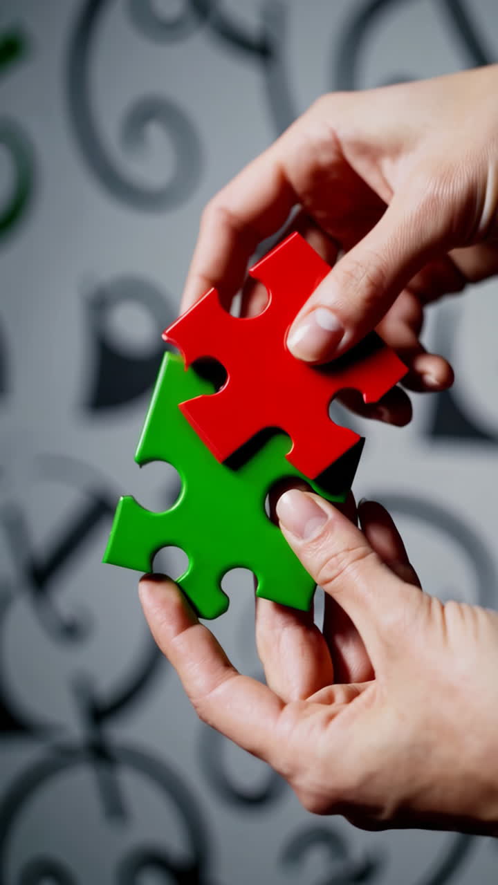 Hands connecting red and green puzzle pieces