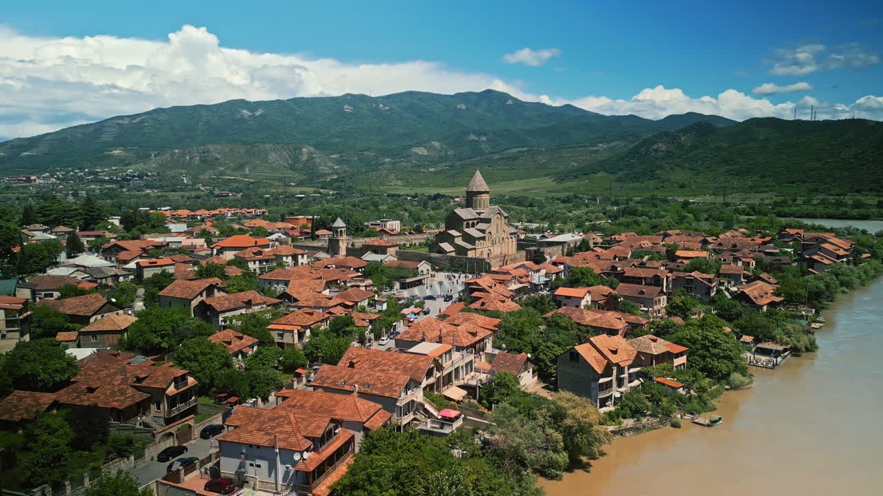 Aerial view of Svetitskhoveli Cathedral and the historic town of Mtskheta, Georgia