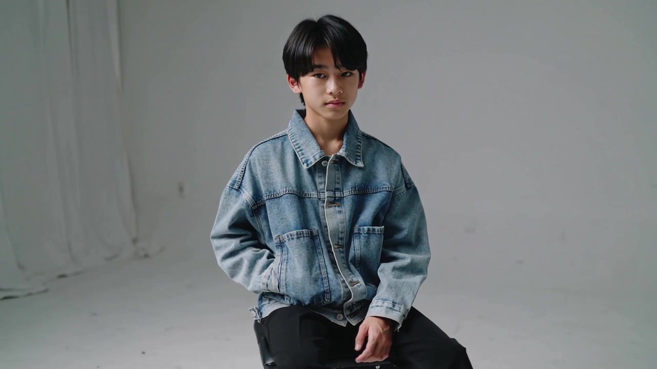 Adolescente maschio che si sposta su indicazione dello studio, girandosi frontalmente e infilando la mano destra nella tasca della giacca di jeans su una panchina.