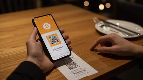 a modern payment experience: using cryptocurrency for transactions with a mobile wallet and qr code display on a restaurant receipt