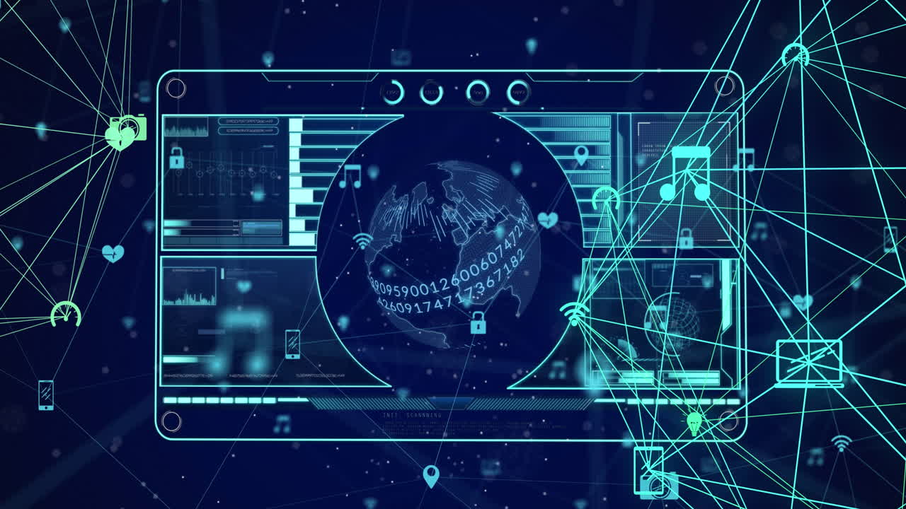 animación de la rotación del globo con números, escaneo de alcance y procesamiento de datos