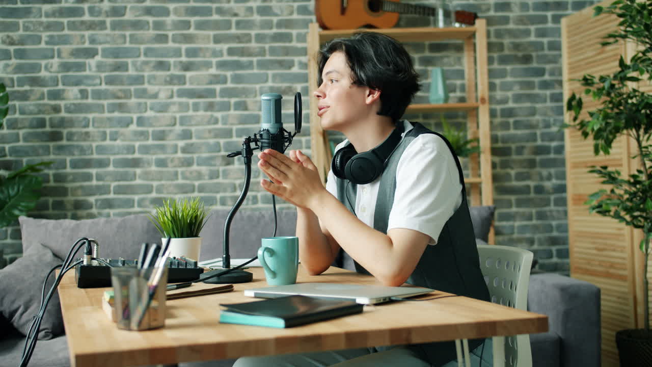 Teenager Recording Podcast in Home Studio