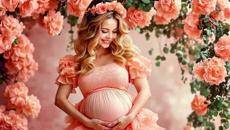 a pregnant woman in a pink dress surrounded by pink flowers