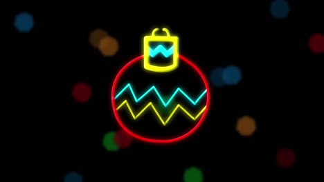 Animation-of-neon-bauble-and-christmas-fairy-lights-flickering-over-black-background