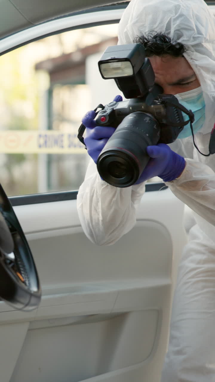 un investigador de la escena del crimen toma fotografías