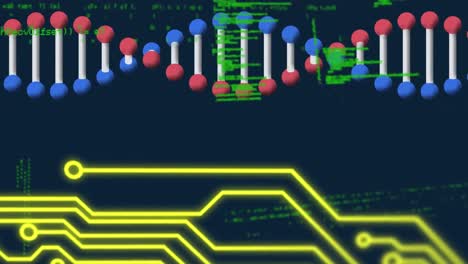 Animation-Des-Datenverarbeitungs-DNA-Strangs-Und-Der-Netzwerke-Von-Verbindungen-Auf-Marineblauem-Hintergrund