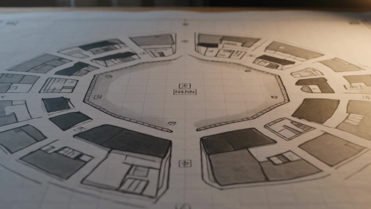 Moving camera revealing large drafting plan on wooden desk, lamp lighting central octagon labels