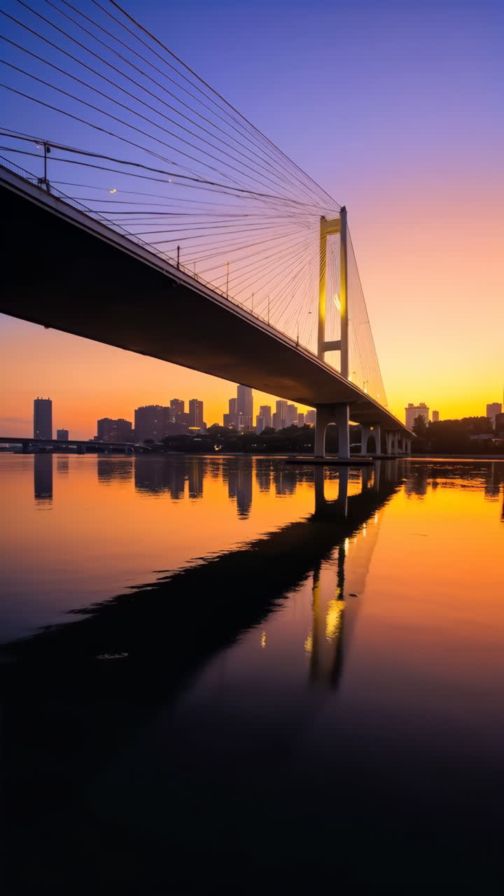 Cable-Stayed Bridge and City Skyline Reflected at Sunset
