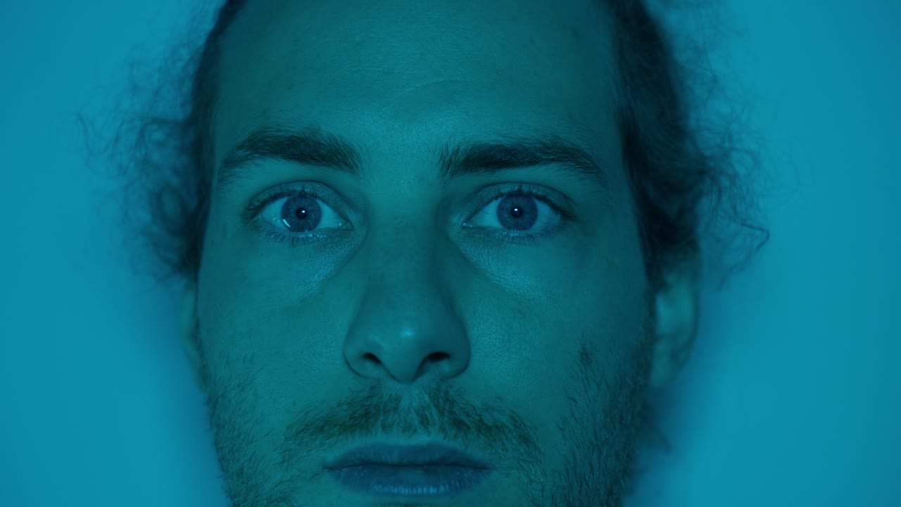 Opening, closing eyes, facial expressions, close-up view, adult male