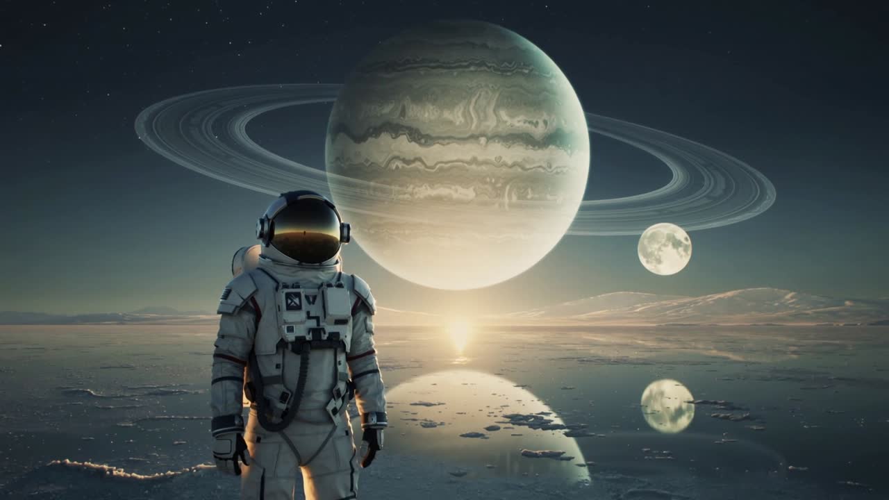 Stående astronaut i rumdragt med guldfarvet visir ser stigende lys skifte på havomkransede planetmåner