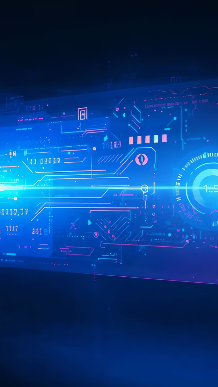 Video verticale: raggio centrale blu neon, pannello a impulsi che si attiva, quadrante radiale che si illumina a destra