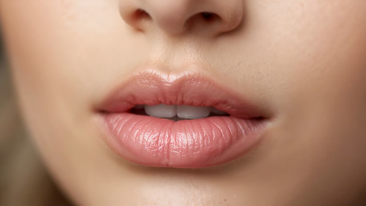Smiling woman reacting to prompt, widening lips in studio closeup, teeth, dimples, lipstick, nose