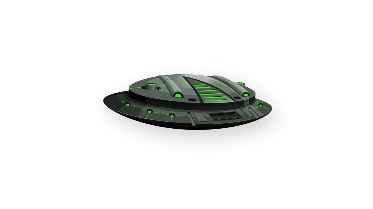 A metallic green and black UFO hovers and rotates slowly on a white background.