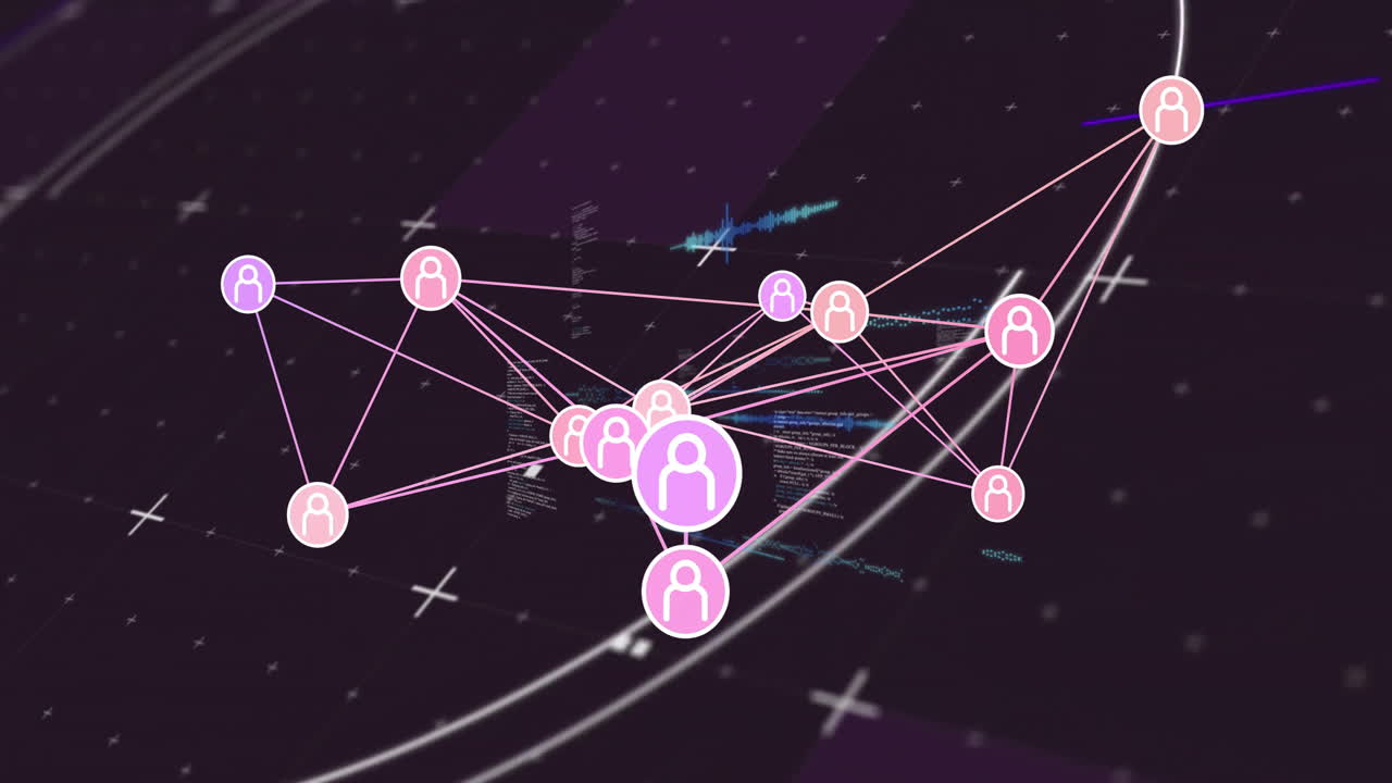 Animation of interconnected nodes with user icons on digital network background