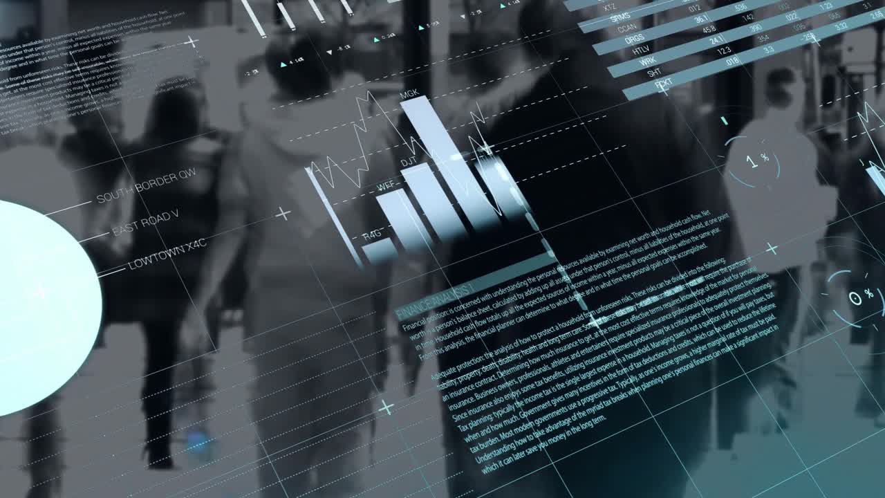 Animation of data processing, stock market and world map over people walking
