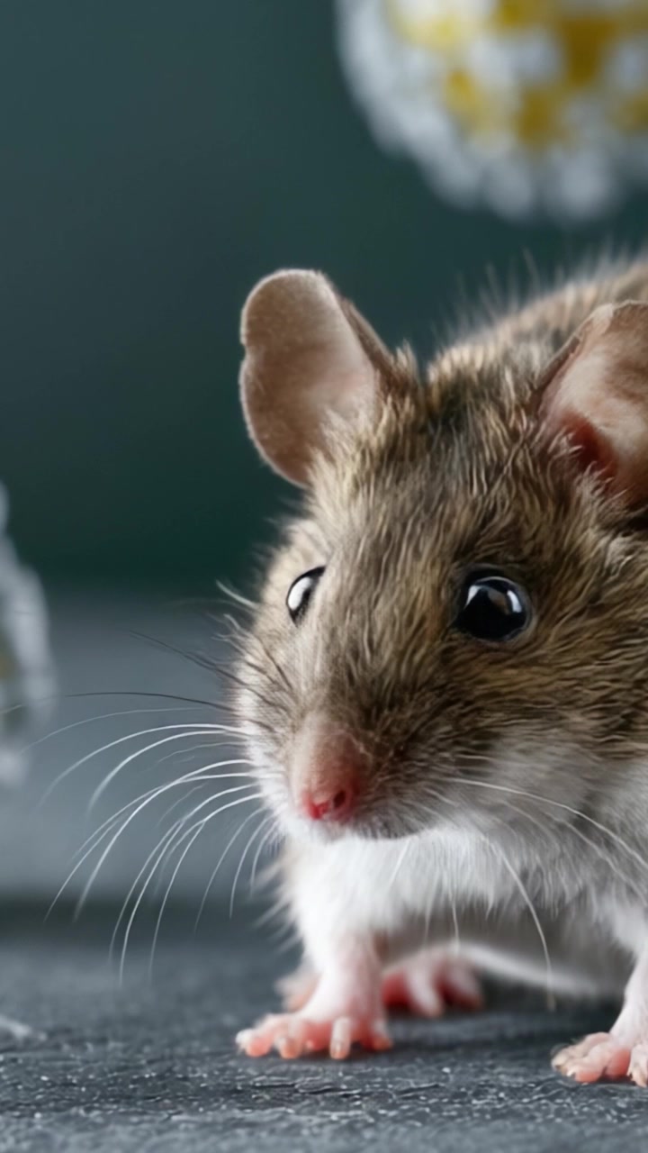 Primo piano e cattura del movimento di un topolino con caratteristiche distintive che esplora il suo ambiente, mettendo in risalto la sua curiosità e natura giocosa.