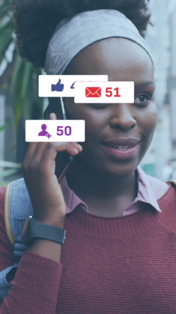 Animation of social media icons and numbers over african american man drinking coffee