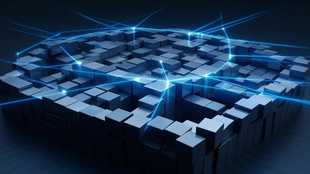 Abstract Digital Network Connecting Dark Cubes in 3D Space