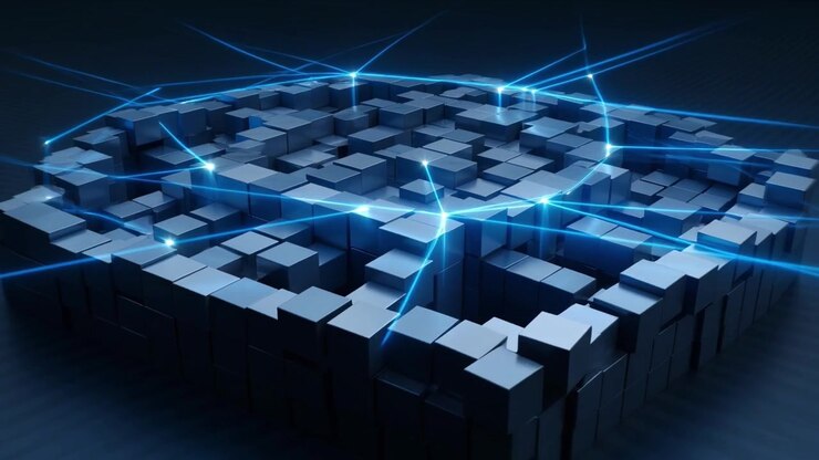 Abstract Digital Network Connecting Dark Cubes in 3D Space