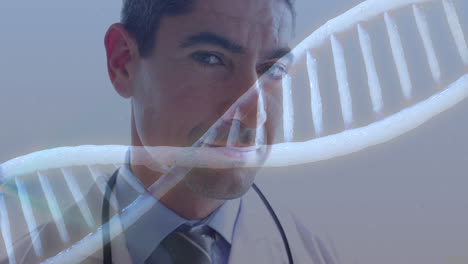estructura de adn sobre un médico masculino contra un fondo blanco