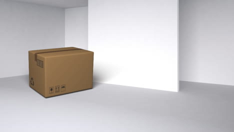 animación de una caja de cartón cayendo en el suelo blanco con la pared blanca en el fondo