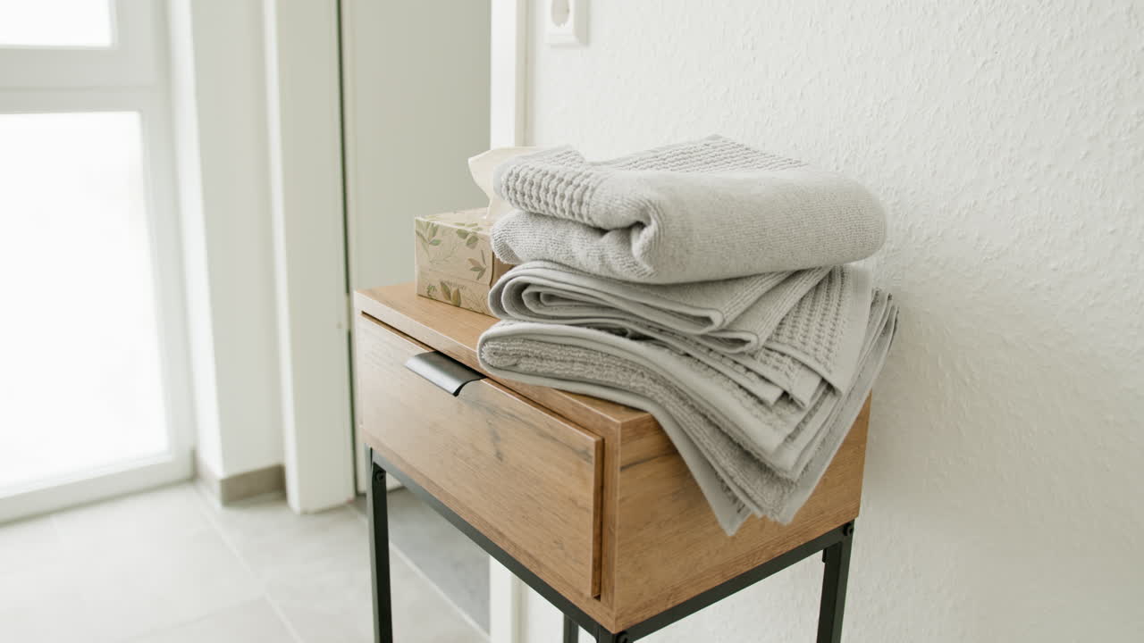 Folded Towels on Small Wooden Table in Bathroom
