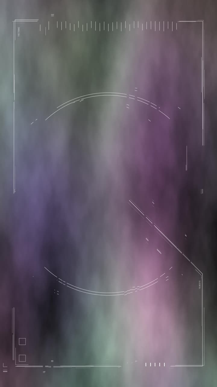 Animazione astratta di un HUD fantascientifico con linee e forme semplici su uno sfondo nebbioso misterioso e colorato.