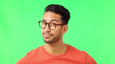 Brille,-Gesicht-Und-Mann-In-Einem-Studio-Mit-Grün