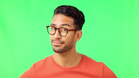 Spectacles,-face-and-male-in-a-studio-with-green