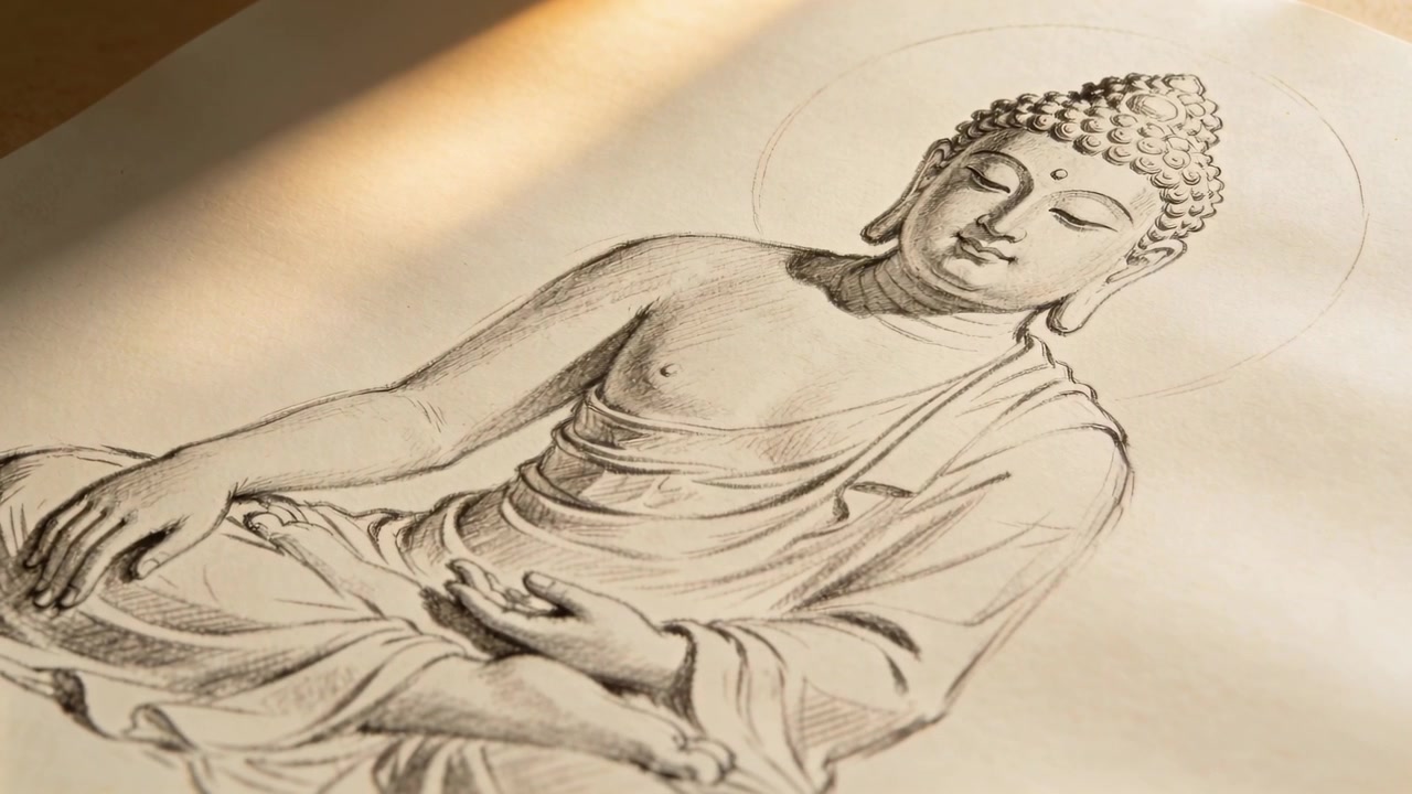 Una telecamera in movimento si concentra su uno schizzo a matita di Buddha in veste su carta, inquadrando e catturando una luce calda.