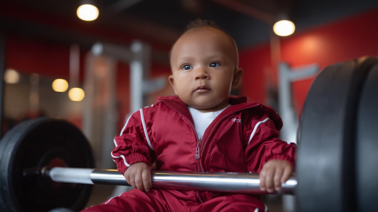 Rozhodné dítě v posilovenském oblečení sebevědomě sedí na čince a předvádí hravý, ale seriózní přístup k fitness a silovému tréninku v pulzující atmosféře.