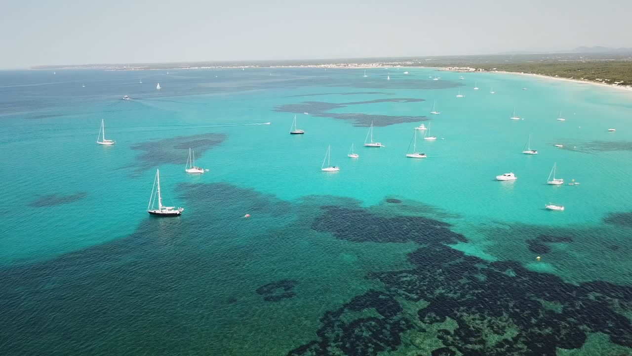 increíble paisaje aéreo de la encantadora playa es trencs y los barcos con un mar turquesa. se ha ganado la reputación de playa caribeña de mallorca. españa