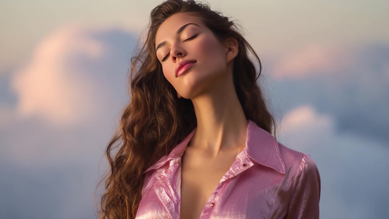 Belleza cautivadora: Un retrato sereno de una mujer joven con cabello suelto, vestida de rosa, de pie con gracia contra un dramático fondo de cielo nublado.