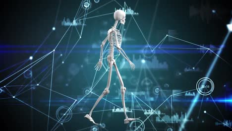 animation of network of connections and data processing over human skeleton model