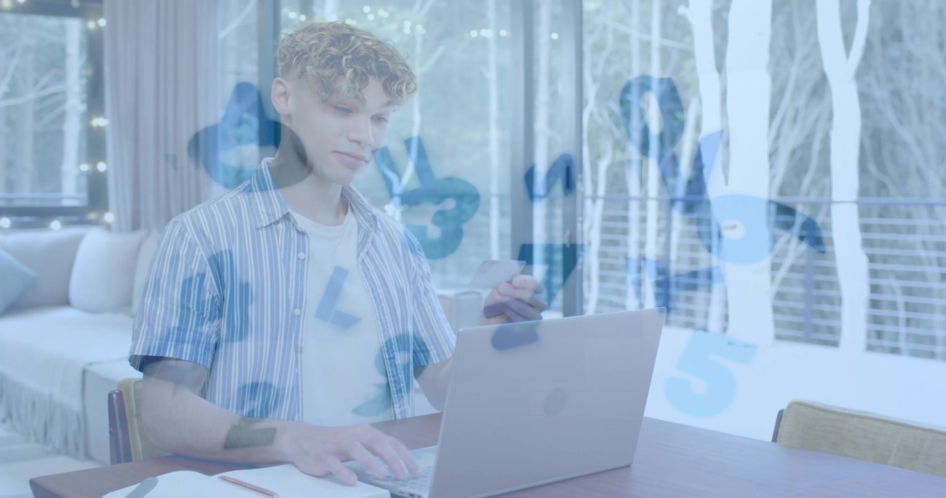 Man typing on laptop for analytics as floating numbers emerging and guiding note taking at table